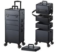 Maleta de Maquillaje con Ruedas - Maletín Belleza 5 en 1 con Cerradura y Mango Telescópico - Estuche para Manicura, Peluquería, Tatuaje - Organizador Profesional, Negro