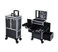 Maleta de Maquillaje con Ruedas Profesional, Maletín de Manicura y Peluquería con Espejo, Cajón Deslizante y Asa Telescópica, Ruedas 360° con Freno, Organizador de Belleza para Salón o Viaje, Negro