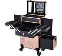 Maleta de Maquillaje con Ruedas Profesional, Maletín de Manicura y Peluquería con Espejo, Cajón Deslizante y Asa Telescópica, Ruedas 360° con Freno, Organizador de Belleza para Salón o Viaje, Oro Rosa
