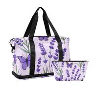 Maleta de viaje grande de lavanda púrpura con mariposas, para gimnasio, deportes, con bolsa de aseo para deportes, impermeable, Lavanda morada con mariposas, 1 size