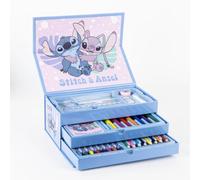 Maletín arte Stitch más 60 piezas Set creativo lápices colores, rotuladores, crayones, acuarelas, pinceles y libreta - Estuche Pintar Stitch ideal como regalo artístico y escolar