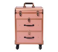 Maletín de cosméticos con cajón, con cerradura, maletín de maquillaje para mujer con ruedas, maletín de maquillaje, 2 cajones, ruedas giratorias 360°, para viaje, esteticista, peluquera, dorado
