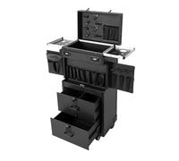 Maletín de maquillaje con 4 ruedas, gran estuche rígido de poliuretano y metal para peluquería, maletín de maquillaje con 2 cajones y cerradura de combinación, maletín de piloto negro