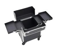 Maletín de maquillaje con ruedas, maletín de maquillaje con 2 compartimentos plegables, maletín de almacenamiento, maletín de cosméticos con cerradura, 34 x 24 x 41 cm