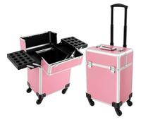 Maletín de maquillaje con ruedas, maletín de maquillaje con ruedas, maletín multimaletín de aluminio, carrito extragrande, organizador de viaje, ideal para viajes, peluquerías, color rosa