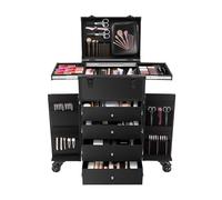 Maletín de maquillaje con ruedas, organizador de maquillaje profesional, bolsa de viaje, aleación de aluminio, material ABS, capacidad de carga 30 kg, color negro
