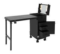 Maletín de maquillaje negro con espejo, mesa plegable, tres cajones, cuatro ruedas, capacidad de carga de 50 kg, luz LED 3500 6500 K, CA 110 250 V, para maquilladores, estudio y viajes, color negro