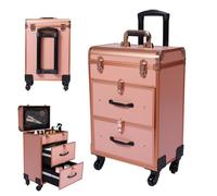 Maletín de maquillaje profesional con 2 cajones, con 4 ruedas universales, 36 x 23 x 58 cm, Oro Rosa, Modernos
