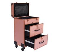 Maletín de maquillaje profesional con cajón y ruedas, con cerradura, grande, 36 x 23 x 58 cm, estuche de peluquería móvil para viajes, esteticista, peluquería, dorado, Rectangular