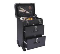 Maletín de maquillaje profesional con cajones y candado, grande, con ruedas, giratorio 360°, 36 x 23 x 58 cm, color negro, Negro , Maletín de maquillaje Trolley