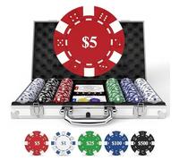 Maletín de Póker 300 Fichas Numeradas 11,5g Peso Profesional Set Completo Texas Holdem con Caja de Aluminio 2 Barajas Dados y Botones de Ciegas para Noches de Casino y Fiestas de Adultos