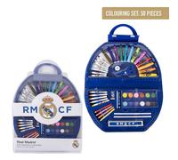 Set de Papelería Coloreable Real Madrid - Estuche Escolar Completo para Niños con Rotuladores, Lápices de Colores y Accesorios Oficiales del Club Blanco para Dibujar y Colorear