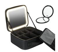 Maletin Maquillaje con Espejo,Estuche de Maquillaje con Espejo Iluminado y Lámpara LED,Bolsa de Maquillaje de Viaje con 3 Modos de Luz y Compartimentos Ajustables,Bolsa de Cosméticos Portátil