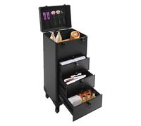 Maletín profesional grande con 3 cajones, maletín de peluquería enrollable con ruedas giratorias 360° y mango telescópico, maletín de maquillaje con cerradura para maquillaje, Negro , Brillante