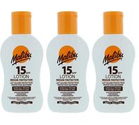 Malibu Loción de protección solar SPF 15 enriquecida con vitaminas, resistente al agua, de alta protección, 100 ml, paquete de 3