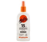 Malibu Sun SPF 15 Loción en aerosol, crema solar de protección media, resistente al agua, enriquecida con vitaminas, 200 ml