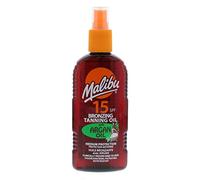 Malibu Sun SPF 15 - Spray de aceite de argán bronceador con protección media, resistente al agua, aroma tropical, 200 ml
