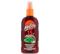 Malibu Sun SPF 15 - Spray de aceite de argán bronceador con protección media, resistente al agua, aroma tropical, 200 ml