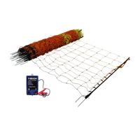 Malla Conductora Eléctrica para Aves de Corral 50m y Electrificador | 1.2m de Altura | Polietileno c/Alambre de Acero Inoxidable | 14 Estacas Dobles + 10 Estacas Extra | Kit de Reparación INCLUÍDO