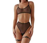 Malla Conjuntos de Sujetador, Tanga y Liguero para Mujer Sexy Transparente Conjunto de Lencería Set de Sujetador Push up Fino y Braguita de Encaje Tanga 2 Piezas Sencillo Ropa Interior Erótico