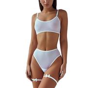 Malla Conjuntos de Sujetador, Tanga y Liguero para Mujer Sexy Transparente Conjunto de Lencería Set de Sujetador Push up Fino y Braguita de Encaje Tanga 2 Piezas Sencillo Ropa Interior Erótico