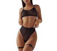 Malla Conjuntos de Sujetador, Tanga y Liguero para Mujer Sexy Transparente Conjunto de Lencería Set de Sujetador Push up Fino y Braguita de Encaje Tanga 2 Piezas Sencillo Ropa Interior Erótico