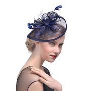 Mallalah Nupcial Tocado Sombrero de Encaje, Fiesta Decoración para Mujeres Sombrero de la Ceremonia de la Boda de la Fiesta de la Flor de la Pluma de Las Mujeres (Azul Marino)