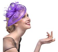 Mallalah Perfecto Nupcial Tocado Sombrero de Encaje, Fiesta Decoración para Mujeres Sombrero de la ceremonia de la boda de la Fiesta de la flor de la pluma de las mujeres (Púrpura)