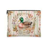 Mallard Duck Autumn - Bolsa de maquillaje rústica de 7 x 9 pulgadas | Obra de arte de pato Mallard, bolsa de maquillaje con cremallera, elementos botánicos del bosque, patrón de rayas acogedor