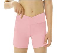 Mallas de yoga para niñas, pantalones cortos de entrenamiento de cintura alta cruzados, pantalones cortos deportivos de running de color sólido, rosa, 9-10 años