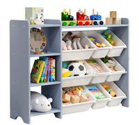MallBest Estante organizador de almacenamiento de juguetes para niños de 4 niveles, 100 % madera maciza, armario de almacenamiento para niños con 9 contenedores de plástico y 3 puertos de