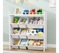 MallBest Organizador de juguetes para niños con 9 contenedores - Estante de almacenamiento de 4 niveles 100% madera maciza para sala de juegos o guardería, armario de almacenamiento blanco para niños