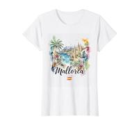 Mallorca España Acuarela Catedral Vacaciones Viaje Souvenir Camiseta gráfica económica, Mujer, Blanco, L