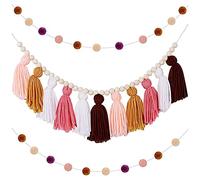 Malloy Boho Guirnalda de Borlas DecoracióN para Colgar en la Pared con Borlas, Pancarta de Borlas en Colores Pastel con Cuentas de Madera y 2 Pompones de Colores (A)