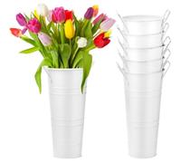 Malloy Cubos para Flores Blancos, 6 Jarrones de Metal Galvanizado de 9.8 Pulgadas de Alto con Revestimiento Impermeable, Cubo para Flores Francés.