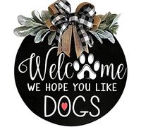 Malloy Letrero de para Colgar en la Puerta Delantera con Lazo Welcome We Hope You Like Dogs Casa de Campo Colgante Redondo DecoracióN con Lazo de Flores