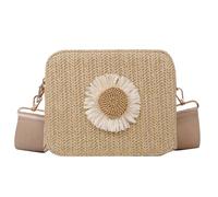 MALSSE Bolso cruzado de paja natural con tejido de flores único, bolso casual adecuado para uso diario y bolsa cruzada de paja para compras, Khaki, One Size
