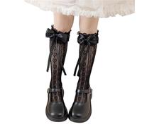 MALSSE Calcetines hasta la rodilla con volantes para niñas, medias altas hasta el muslo, calcetines de cinta con lazo, suaves, Negro, Altoa única