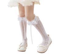 MALSSE Calcetines hasta la rodilla con volantes para niñas, medias altas hasta el muslo, calcetines de cinta con lazo, suaves, blanco, Altoa única