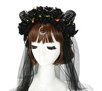 MALSSE Diadema de Halloween, cuerno de oveja, corona de rosa, velo de malla, colgante de luna, aro elástico para el pelo