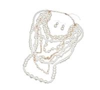 MALSSE Elegante juego de collar y aretes de perlas multicapa para mujer con cuentas hechas a mano y diseños de moda