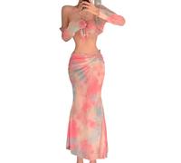 MALSSE Traje de baño de 4 piezas para mujer, cuello halter y braguitas, traje de baño con cubierta de playa y falda envolvente, deportes acuáticos