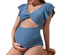 MALSSE Traje de baño de maternidad 2024 con abertura frontal y cuello en V, traje de baño para embarazo, monokini de corte alto