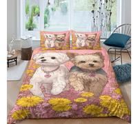 Maltés, Yorkshire Terrier-Campo de Flores Rosadas Juego De Ropa De Cama Funda De Edredón Impresión En 3D,3 Piezas Microfibra Suave Double（200x200cm）