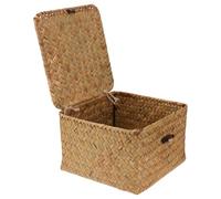 MALUGOGO Caja de té tejida rústica con tapa, organizador cuadrado grande naranja para dormitorio, armario, sala de estar, multiusos, con cordón de tallo de cola de gato, estuche de almacenamiento para