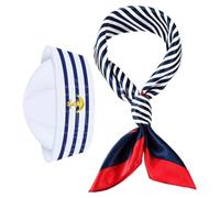 MALUGOGO Conjunto de Gorra de Capitán y Bufanda Náutica de Poliéster Rayas Azules y White para Fiestas Temáticas y Salidas Casuales, Ajuste Cómodo y Estilo Coordinado