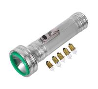 MALUGOGO Linterna de metal vintage de los años 80 con 2 pilas tamaño D, cabeza pequeña con borde verde, 5 bombillas incluidas, accesorio portátil de emergencia y luz de camping para exteriores