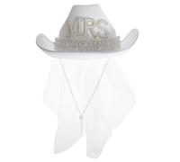 MALUGOGO Sombrero de Vaquera para Novia Blanco con Velo, Gemas de Imitación y Perlas Falsas, 1 Pieza, Adecuado para Bodas, Despedidas de Soltera y Fiestas