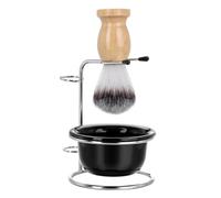 MALUGOGO Soporte de Afeitado de Acero Inoxidable Cuenco para Jabón y Cepillo de Barba de Nylon, Mango de Madera de Haya en Color Amarillo, Juego Práctico para Cuidado y Limpieza de Barba