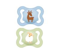 MAM Air - Chupete de 2 a 6 meses, juego de 2 chupetes, azul/verde | Con soporte para chupete esterilizador portátil, tetina ortodóntica de silicona SkinSoft, agujeros extra grandes para pieles